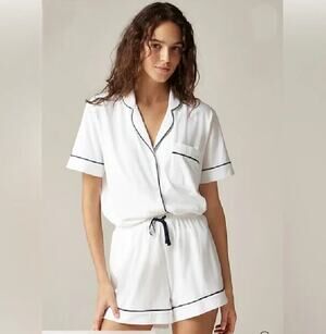 J.Crew End-on-End Cotton Pajama Short Set 2XS White Navy Piping Relaxed Stretch